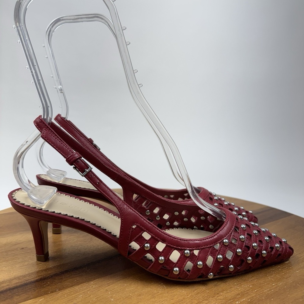 New NWOB Womens Cinq a Sept Rena Red Cage Studded Slingback Kitten Heels Size 37